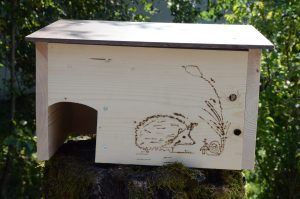 Ein Igelhaus mit eingraviertem Stacheltier.